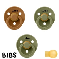 BIBS Colour Schnuller mit Namen, Gr. 2, 2 Olive, 1 Caramel, Rund Latex, (3er Pack)